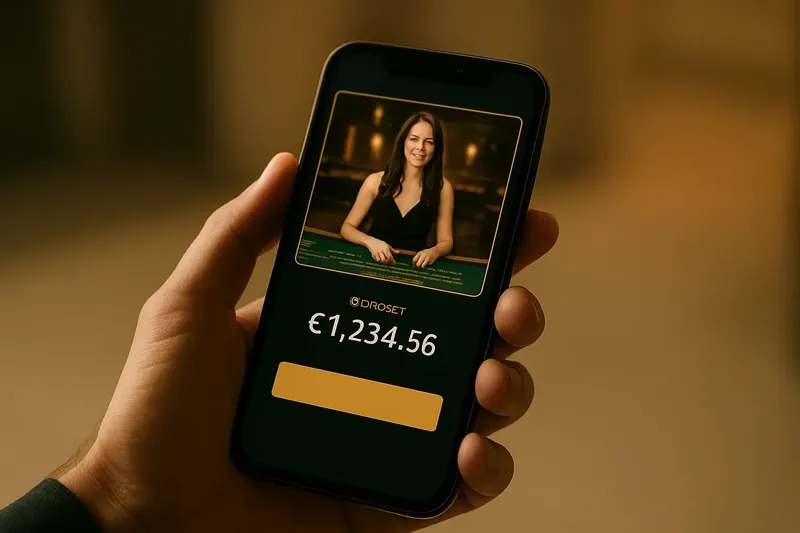 Casino App Preview Hand holding smartphone showing dark casino app with live dealer