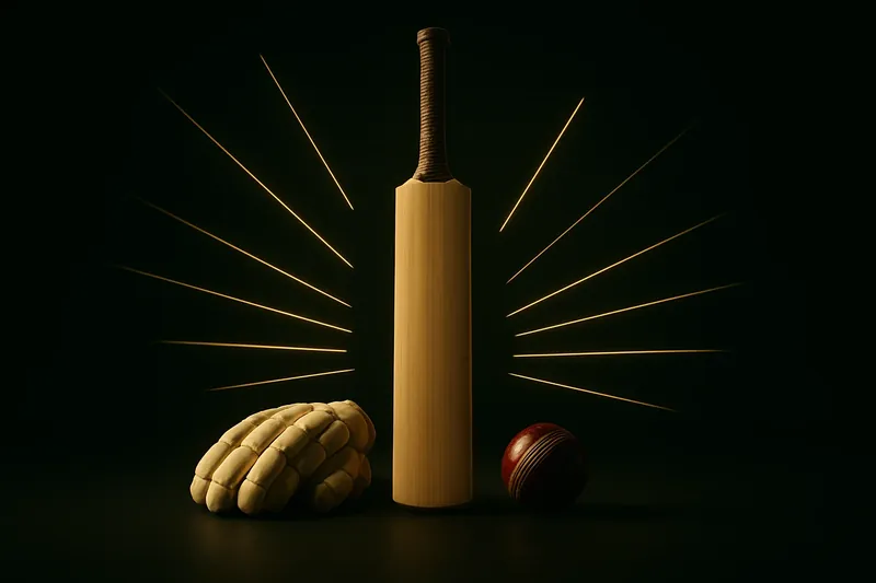 Close-up cricket equipment with neon speed lines and holographic interface