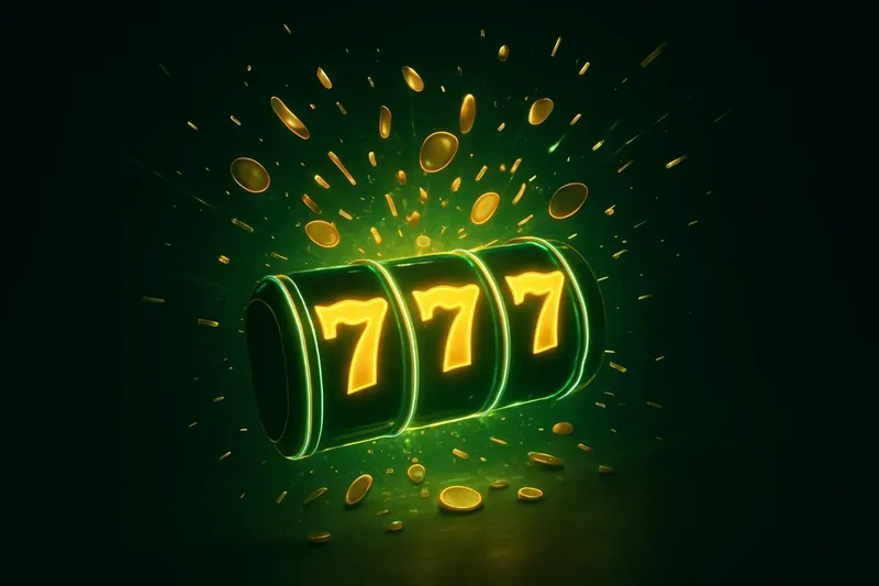 Glowing slot reels with massive win, coins and confetti bursting outward