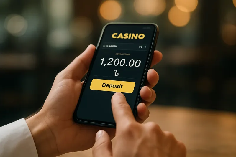 Man typing on smartphone with casino app and taka deposit