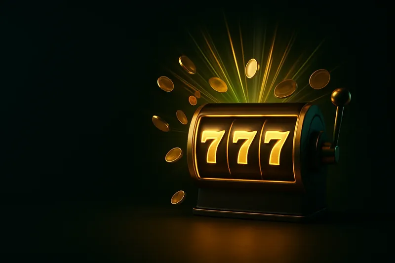 Slot machine jackpot with golden 777, coins, and neon light beams